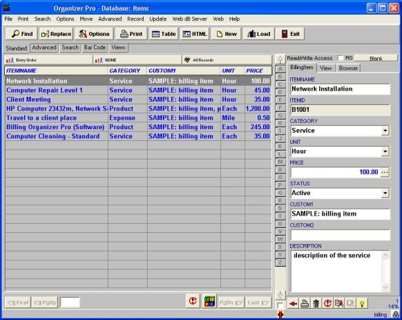 billing software, billing items