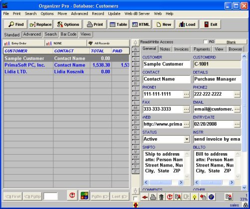 sales orders, customers database