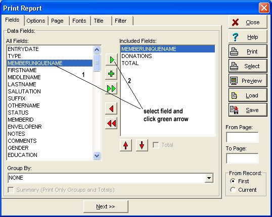 donation tax statement, select fields