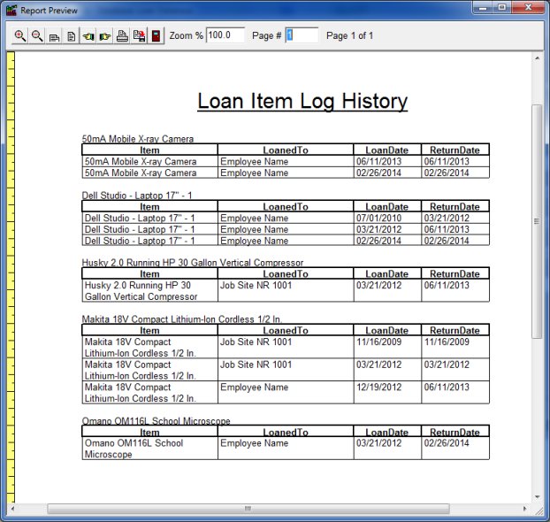 Equipment loan history: check in, check out report by equipment.