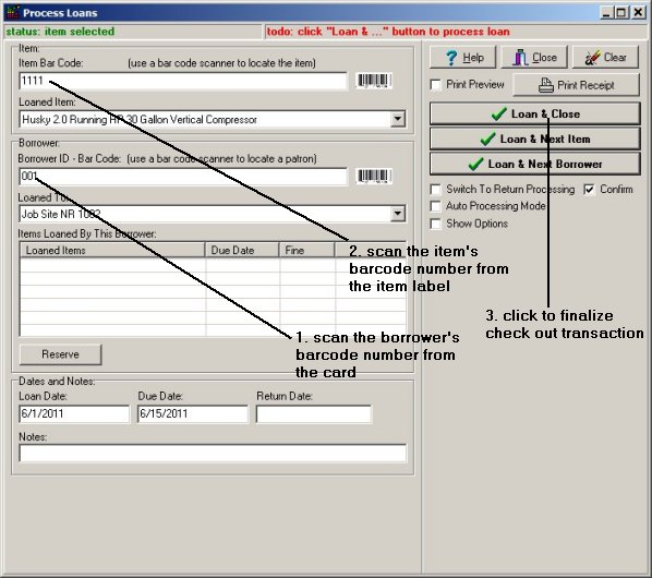 equipment inventory, check out transactions with barcode scanner