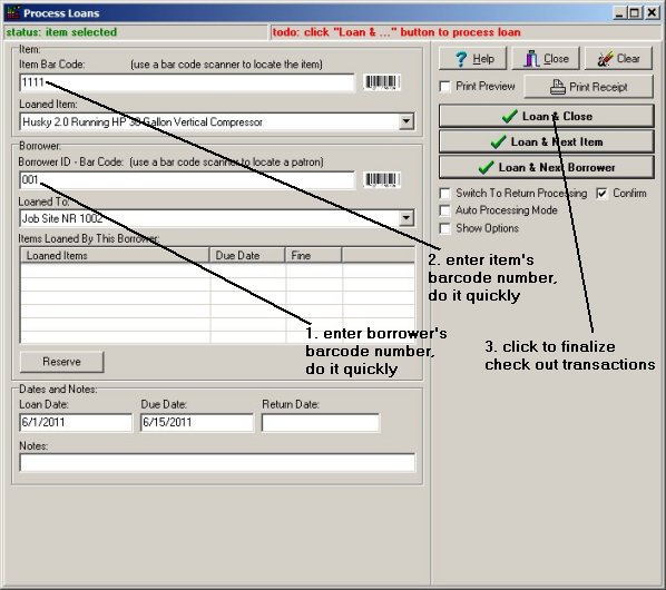 tool/item check out transaction semi-manually