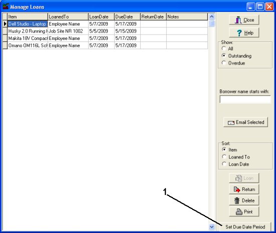 equipment tools tracker, set due date period