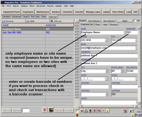 equipment check in/out, employees/borrowers database