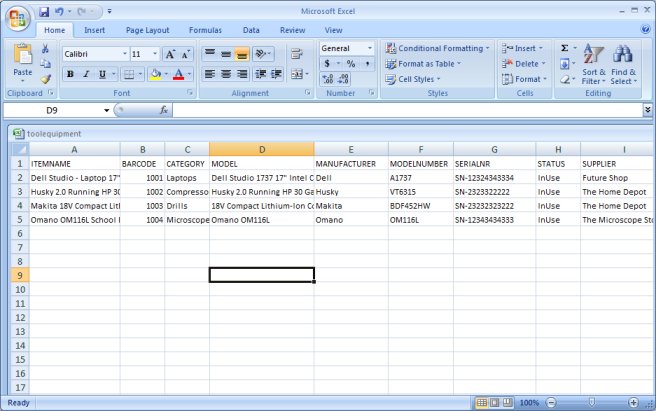equipment table in spreadsheet format