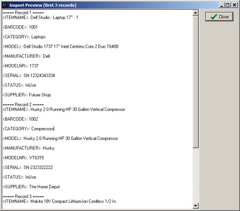 equipment inventory import, preview window