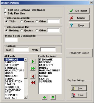 tool inventory import window, data fields selected