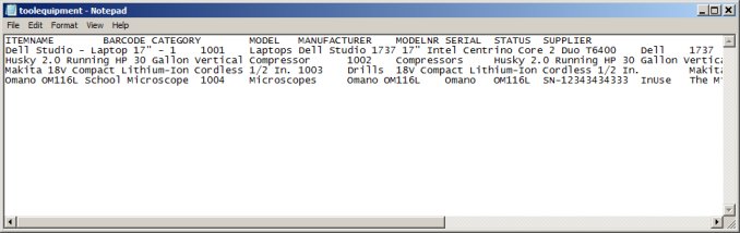 equipment records in a text file, tab delimited