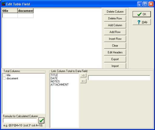 Edit table Field window, define columns, column names..