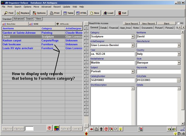 database, define simple filter, filter by one data field