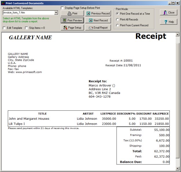 art gallery software, print receipt