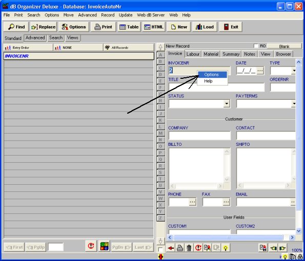 set options for auto numbering field