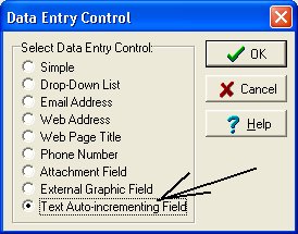 select text auto incrementing data field type