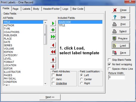 select data fields, or load label template