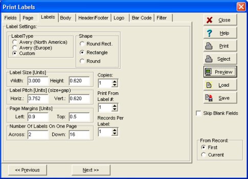 cusomize label, define width, height, horizontal pitch, vertical pitch, margins, down, across