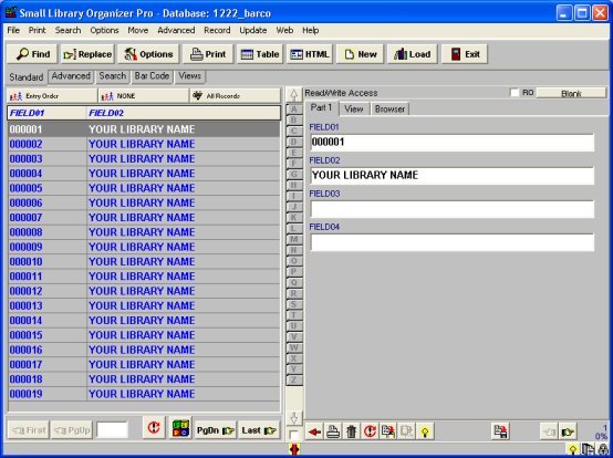 database, barcode field, library name field