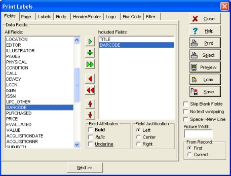 library barcode labels, select title and barcode fields