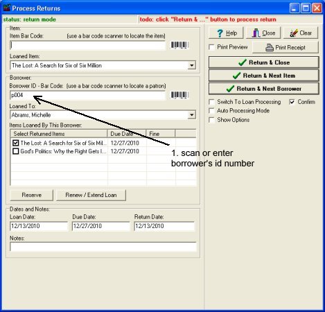 process check in transaction, barcode scanner, scan borrower id card