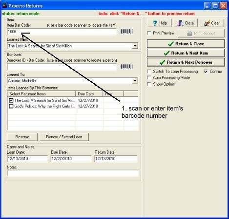 process return transaction, barcode scanner, scan item barcode number