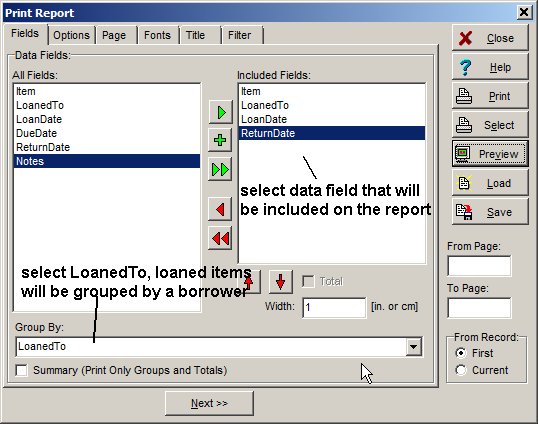 library circulation report, group by borrower, select data fields