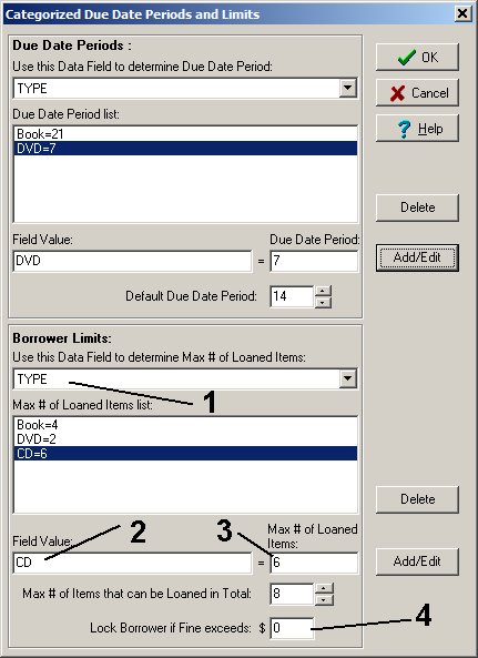 library software define borrower limits by type, total limit, fine limits