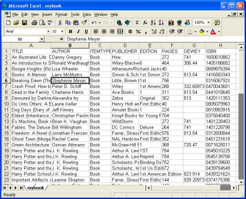 library table in spreadsheet format