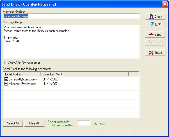 send email: overdue books, items