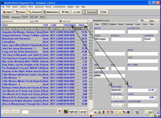 purchase date, book price, book value data fields