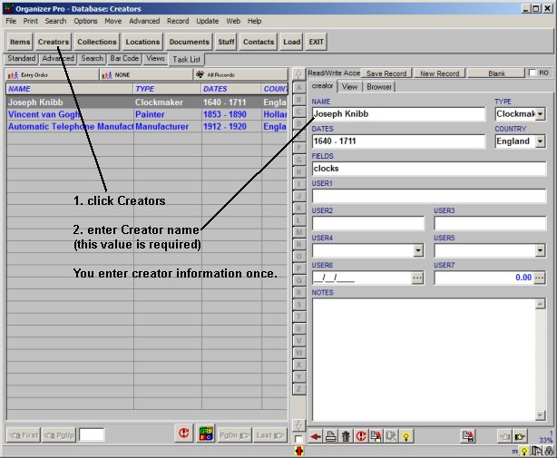 museum software, enter creators, item source data