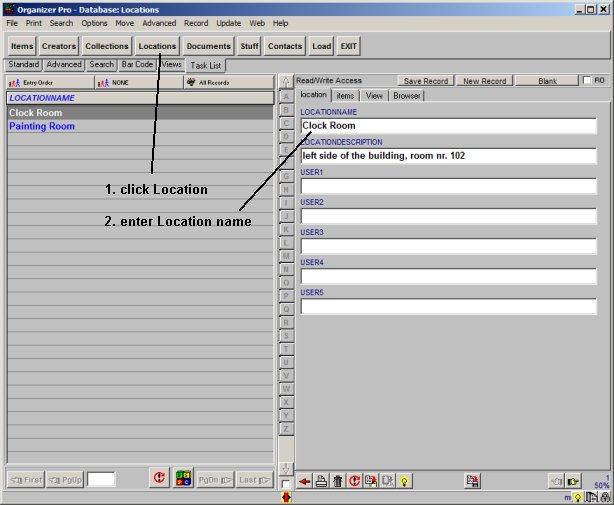 museum software, enter storage display locations