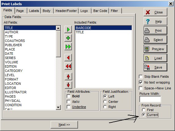 print library labels, select starting point