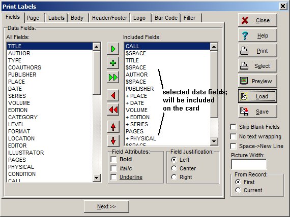 library card label, predefined parameters