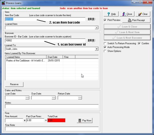 print library receipt, select borrower and items