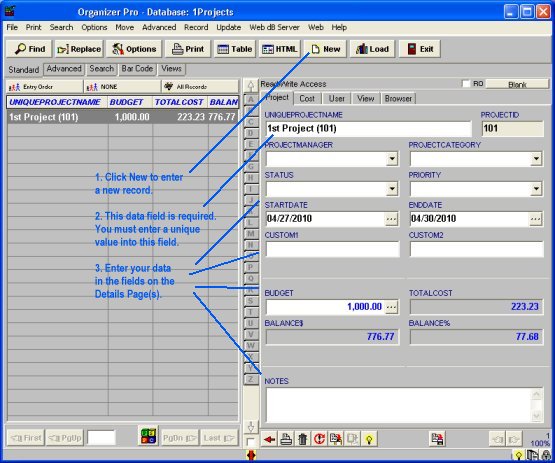 project cost tracking, projects database