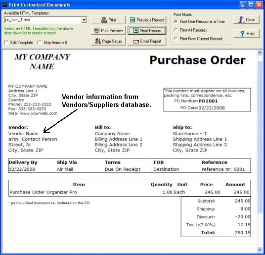 Purchase Order software: enter vendords, suppliers