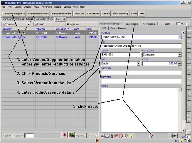 purchase order, enter products services