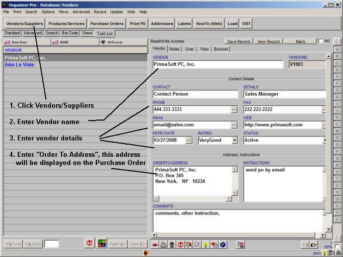 purchase order software, enter vendors