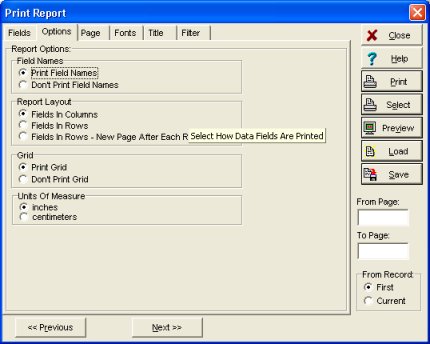 setup report layout, options