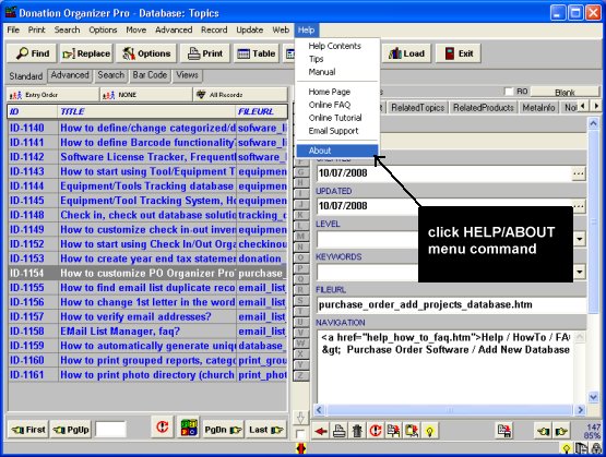 on the help menu click about