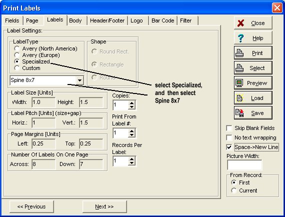 spine label, select label type