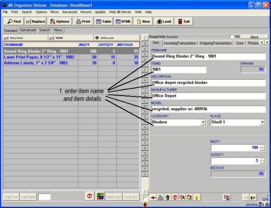 stockroom, enter item data