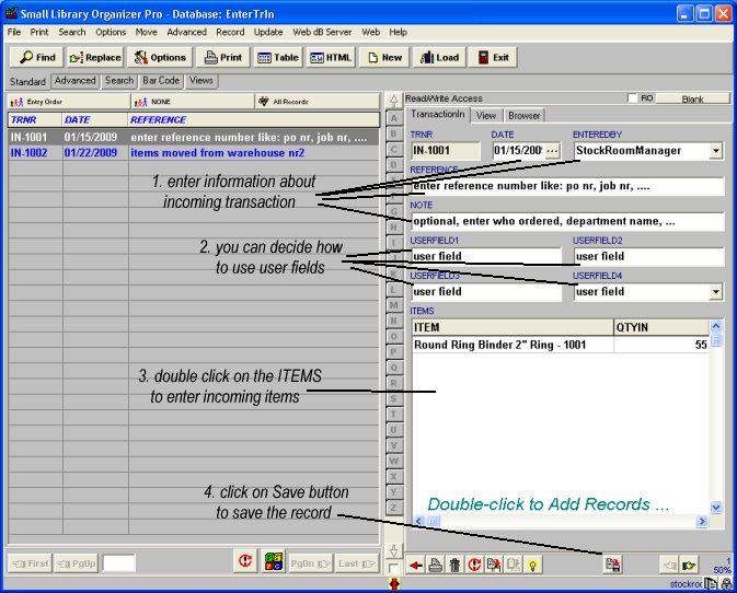 stockroom software, incoming transactions