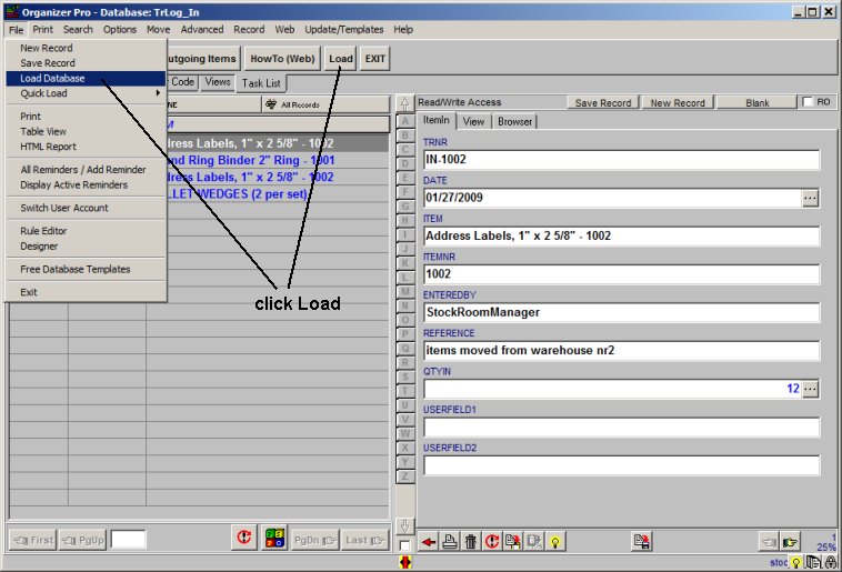 stockroom inventory, incoming transaction by date