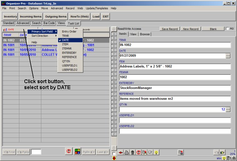 stockroom inventory, incoming transaction report