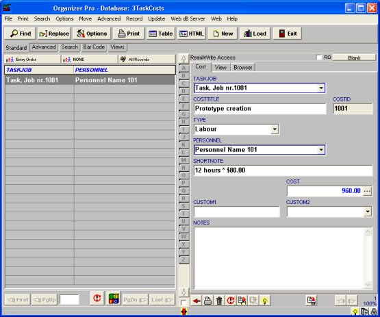 task cost manager, cost and expenses records