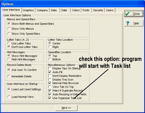 Options window, task list