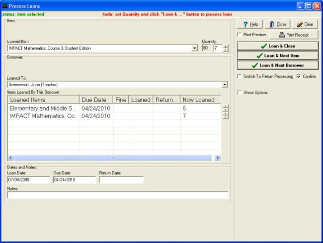 textbook management system, loan window