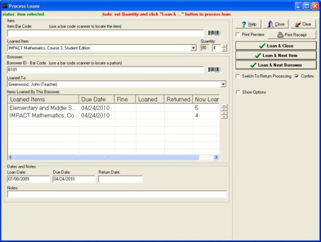 textbook management system, loan window