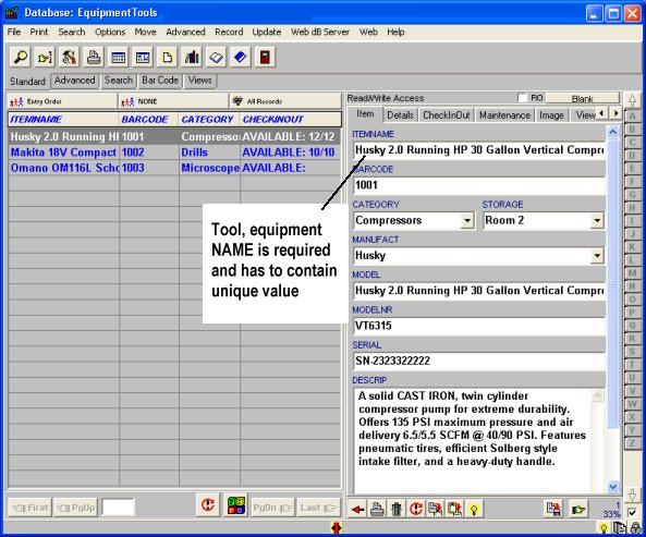 tool equipment tracking database, enter item data
