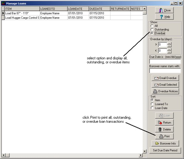 Manage Loans, print/display outstanding overdue items